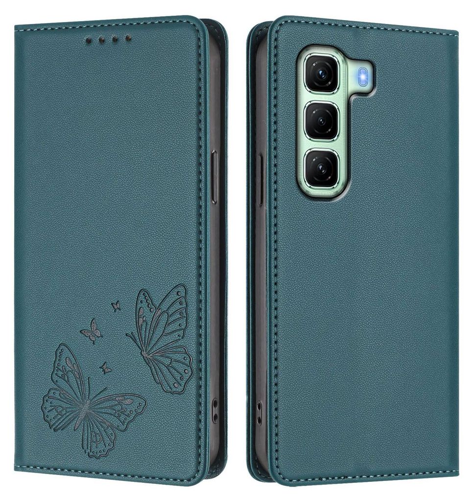 Lederhülle für Infinix Hot 50 5G, Schmetterling Prägung Leder Brieftasche Schutzhülle mit Ständer Grün