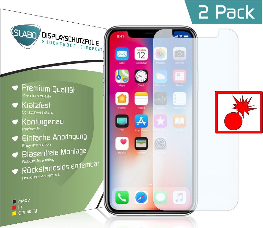 2x Slabo Panzerschutzfolie für iPhone X | iPhone XS | iPhone 11 Pro KLAR "Shockproof" Displayfolie Schutzfolie Folie