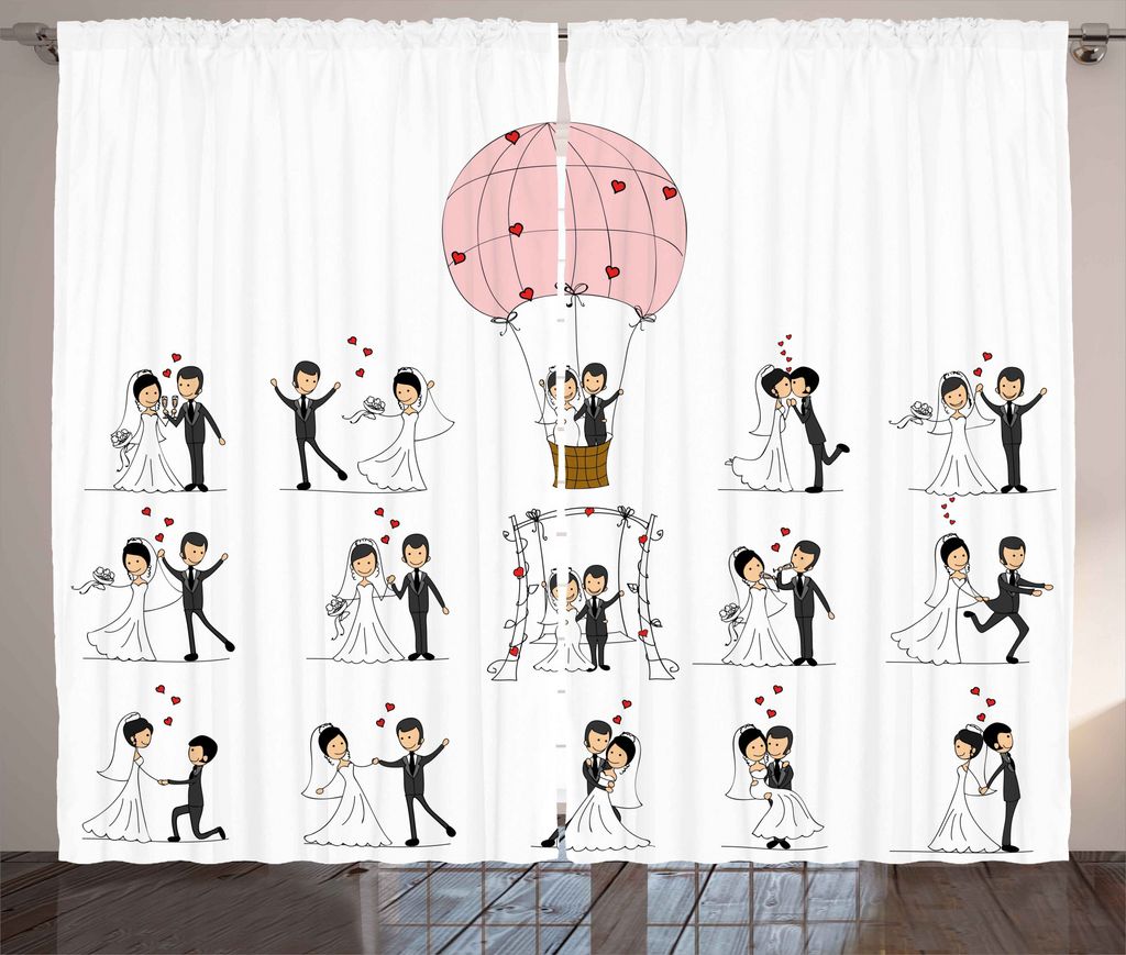 ABAKUHAUS Hochzeit Rustikaler Gardine, Braut-Bräutigam-Cartoon, Schlafzimmer Kräuselband Vorhang mit Schlaufen und Haken, 280 x 175 cm, Schwarz W...