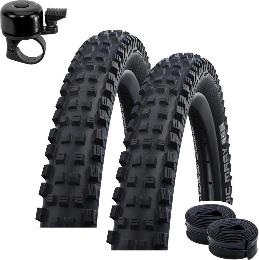 2 x Schwalbe Magic Mary Performance Addix Fahrrad Reifen Schwarz 62-622 (29 x 2.40) + 2 Schwalbe DV19 Schläuche inkl. Fahrradklingel
