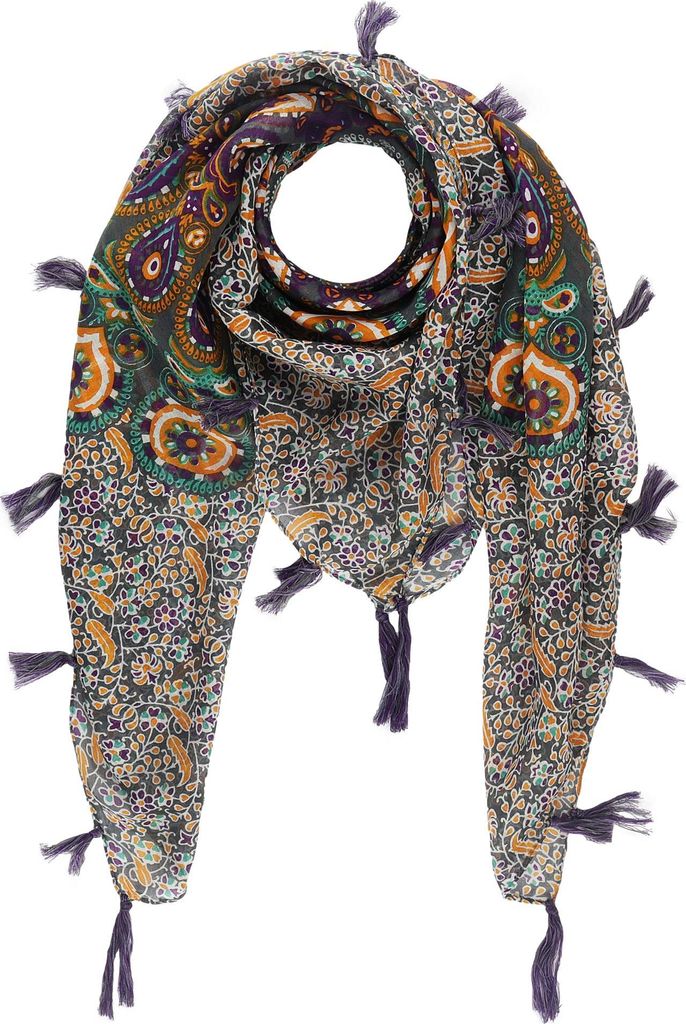 Baumwolltuch Mandala grün orange mit Fransen 100x100cm Halstuch quadratisches Tuch