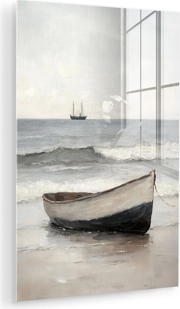 MuchoWow Glasbilder - Bilder auf Wandbild - Foto auf Glas Ruderboot - Meer - Horizont 60x90 cm Wanddekoration aus Glas - Acrylglasbild - Acrylbilde...