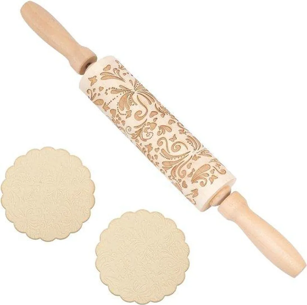 Rouleau à pâtisserie motifs floraux en bois 35 cm pour biscuits 3D