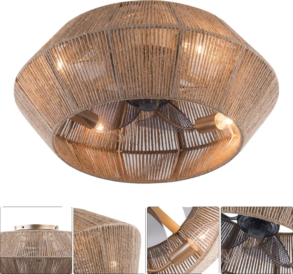 Ventilateur de plafond silencieux Boho à 6 vitesses et pales en bois clair