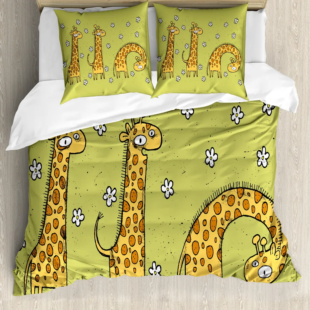 ABAKUHAUS Copripiumino per animali domestici, illustrazione con giraffe, antiacaro, adatto a chi soffre di allergie, con federe, 200 cm x 200 cm - 80 x 80 cm, verde avocado caramello