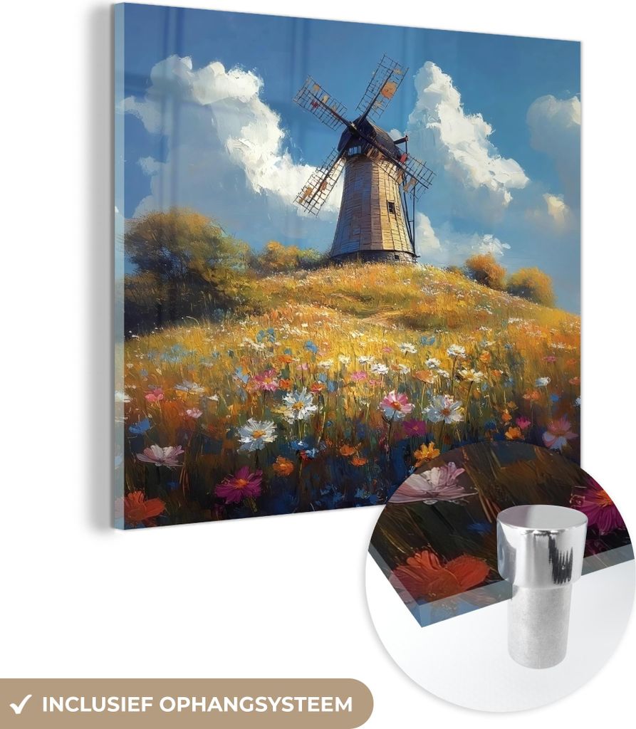 MuchoWow Glasbilder - Bilder auf Wandbild - Foto auf Glas Windmühle - Hügel - Blumen - Farbenfroh 40x40 cm Wanddekoration aus Glas - Acrylglasbil...