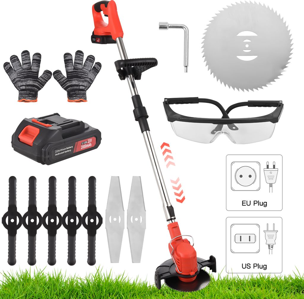 Weed Wacker Akku-Rasentrimmer, 108šC132 cm, einziehbar, 21 V, elektrischer Akku-Gartentrimmer mit 3 Schneidklingentypen, Akku und Ladegeraet fuer ...