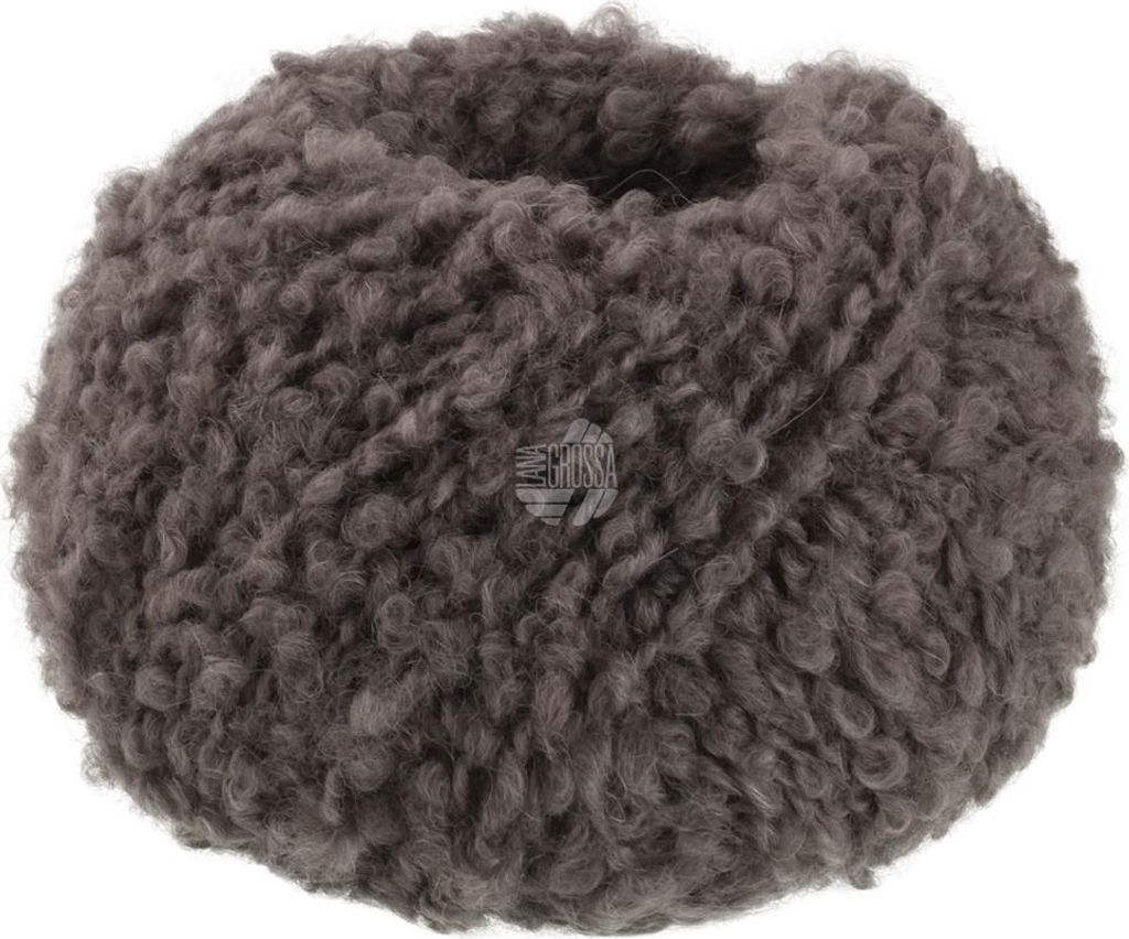 A ball of gray-brown yarn with a curly texture.