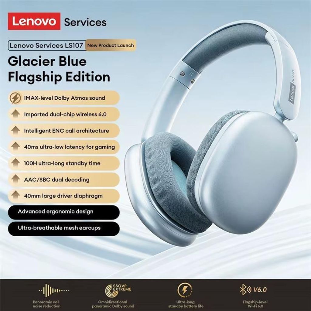 Lenovo LES-107 Bluetooth Kopfhörer kabellos faltbar 26h Akku Over Ear Gaming Headset Blau
