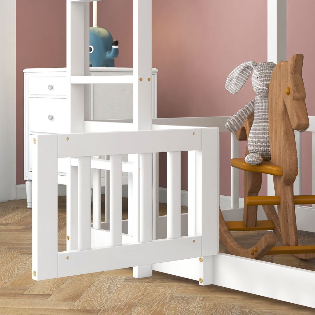 Kinderbett 90x200 Cm Mit Staufach & Sicherheitsgitter – Massivholz, Dachform, Grau/weiß