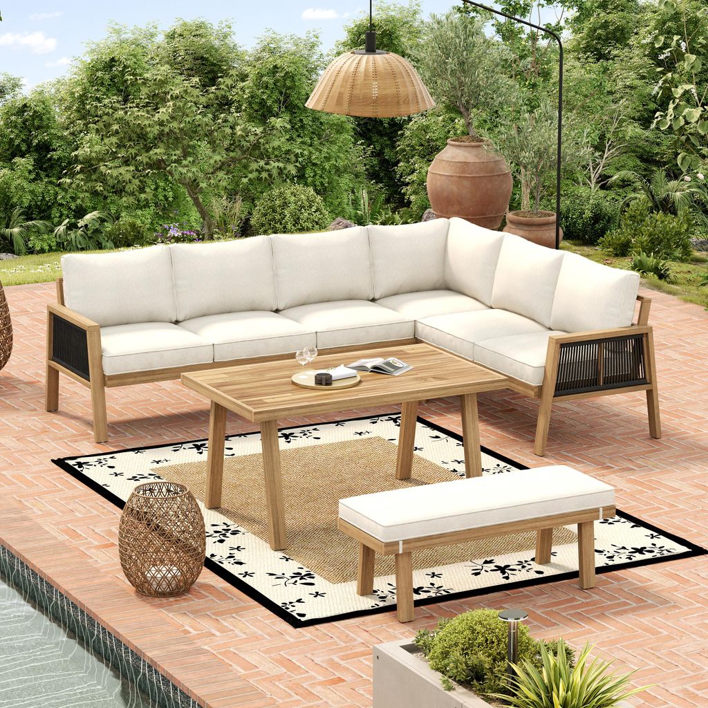 okwish Garten-Sofa-Set,Ecksofa mit geflochtenen Armlehnen,Freizeitsofa mit Couchtisch,Akazienrahmen,Creme