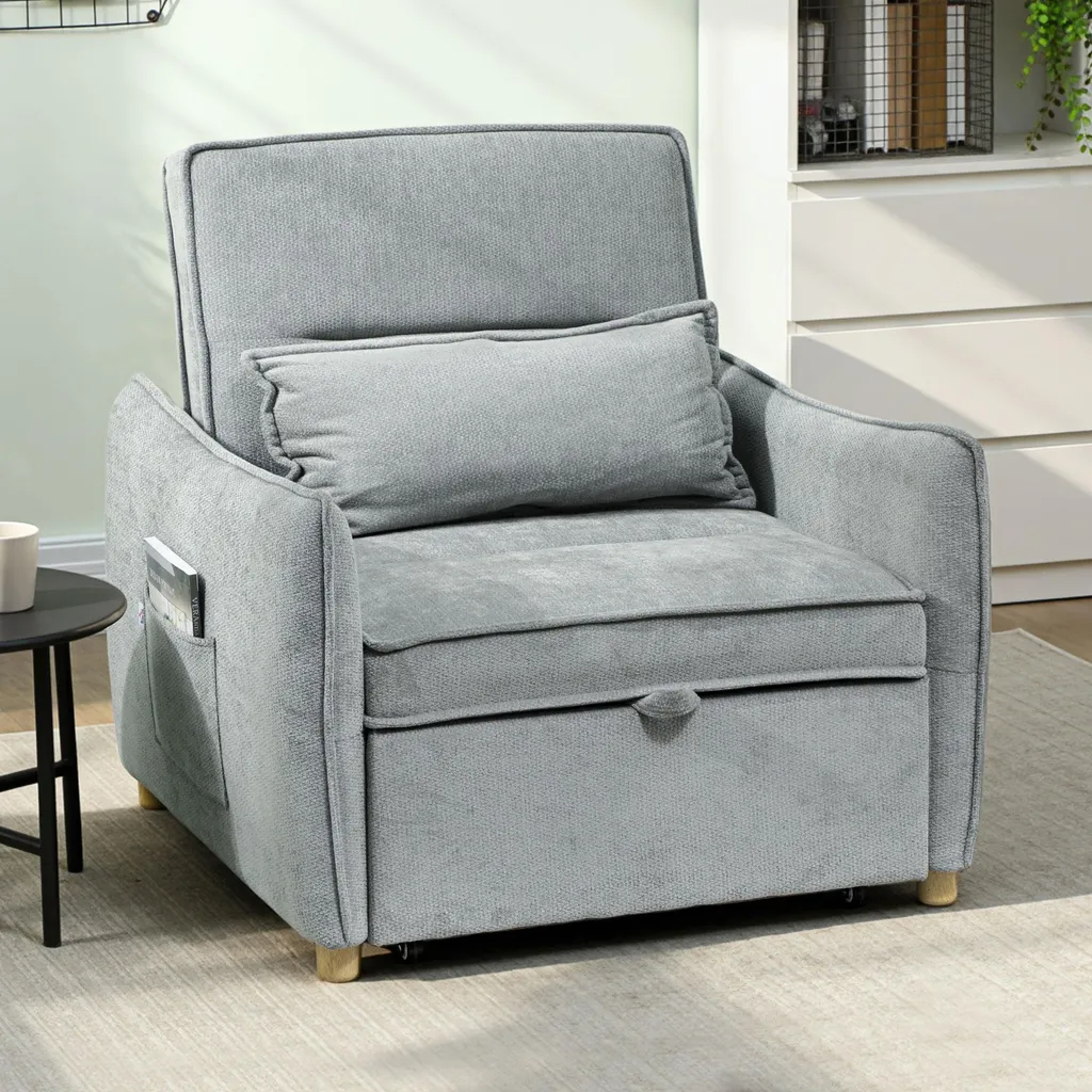 Chauffeuse convertible 1 place, fauteuil-lit en chenille grise douce - 4