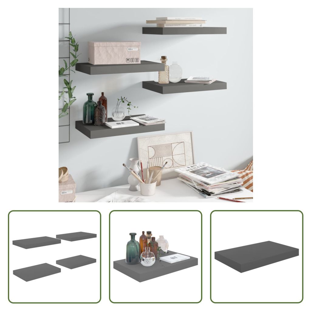 The Living Store Schweberegale 4 Stk. Hochglanz-Grau 40x23x3,8 cm MDF