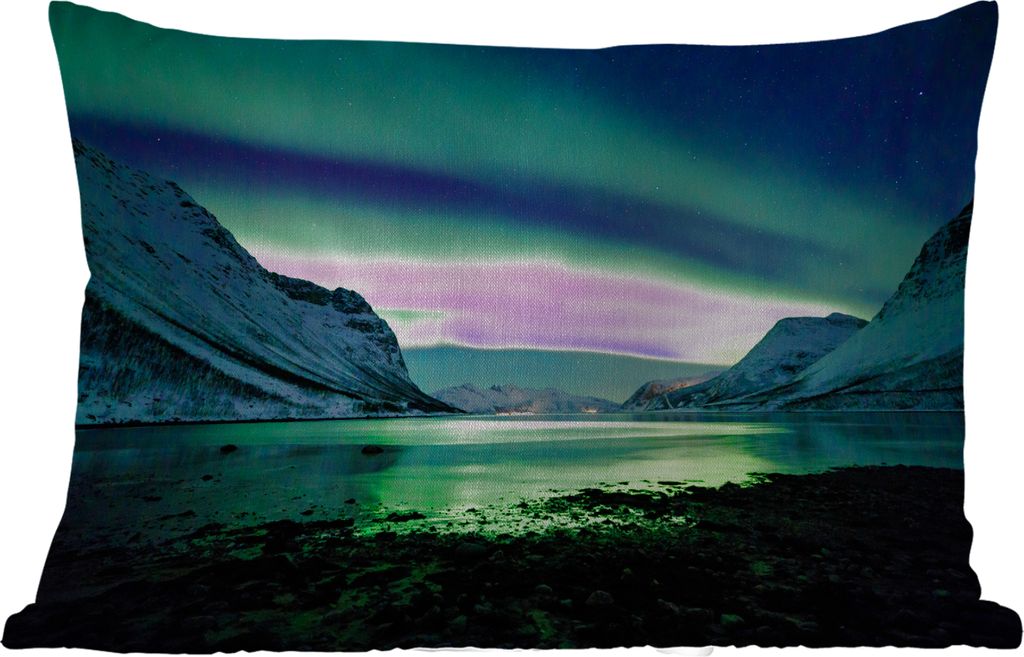 MuchoWow Outdoor Kissen - Nordlicht - Norwegen - Eis - Gelb - Berg - Wasser - Schnee - 60x40 cm - Wetterfest - Lounge Kissen - Zierkissen - Kisse...