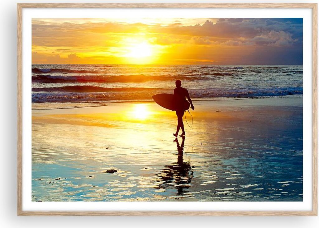 Gerahmtes Poster - Rahmen in heller Eiche - Surfer sonnenuntergang ozean brett - 100x70 cm - Wand Bild - Wanddeko - Wandbilder - Wandposter - Bilde...