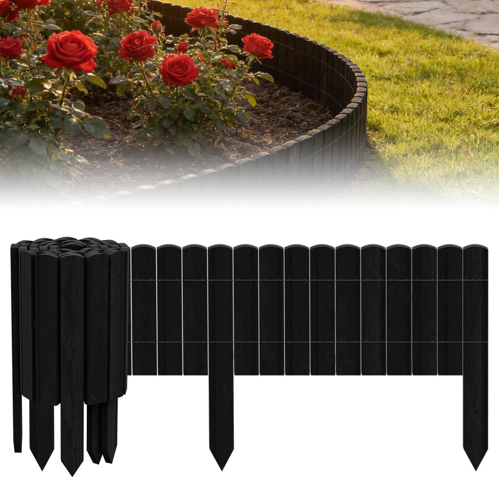 FIVMEN Rollborder Holzzaun 200 cm Lang, 20cm Hoch, Kiefernholz Beeteinfassung & Beetumrandung, Gartenpalisade Holz, Staketenzaun, Rasenkante für B...