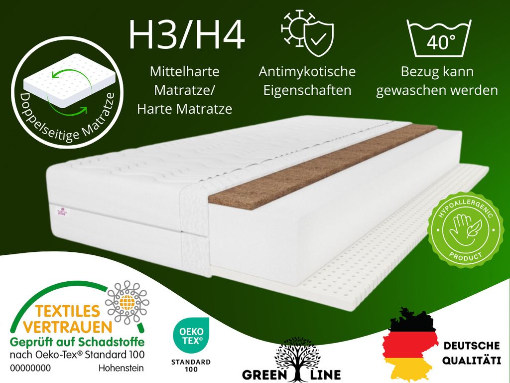 Babymatratze Baby Latex Kokos, 70x140 cm, Matratze Höhe ca. 8 cm, Härtegrad H3, Farbe: Weiß, Hochflexibler Schaum inkl. Bezug