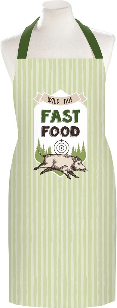 Gilde Schürze, "Wild auf Fast Food", Jägermotiv, Spruch, Wildschweinmotiv, gestreift, Baumwolle, grün, VE 3, B. 70 cm, H. 85 cm 58329 4063387583296