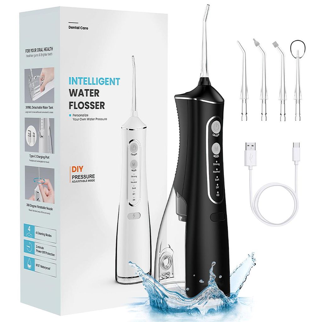 Portable Elektrischer Wasserflosser 300 ml IPX7, 4 Modi, Zahnreiniger mit 360° drehbarer Düse, Typ-C Aufladung, L8