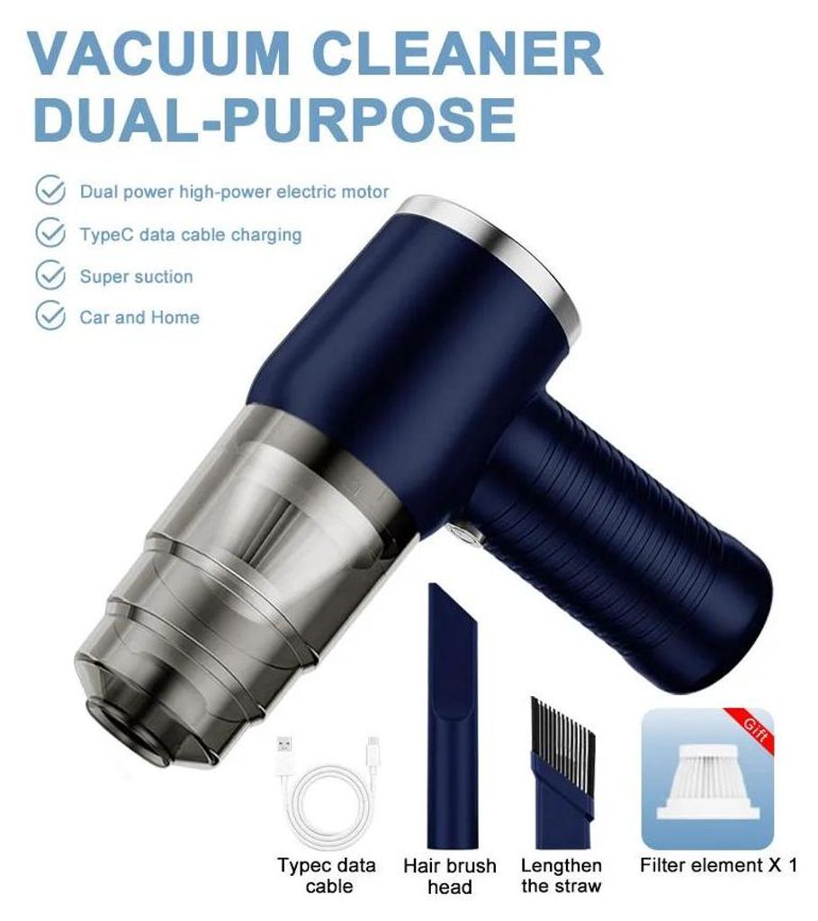 Handstaubsauger fürs Auto - Kabellos - USB 5 V aufladbar - 60 W Motor - HEPA-Filter - Fugendüse - 1 Std. Akkulaufzeit - Blau