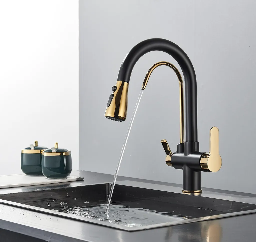 Rubinetto da cucina ARI a 3 vie estraibile nero-oro in ceramica - 9