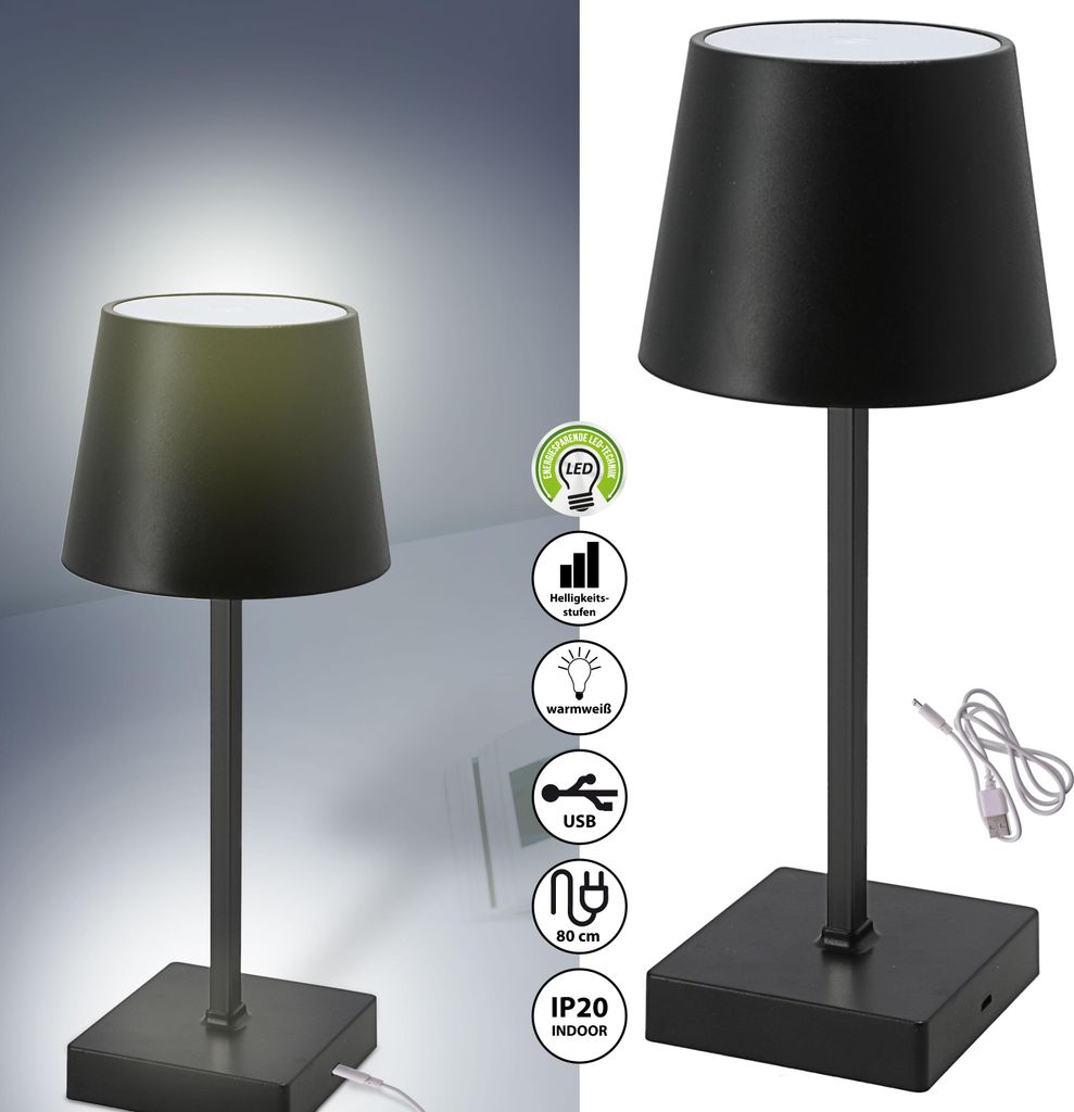 A split image showing a black table lamp on the right and a lit version of the same lamp on the left, with feature icons.