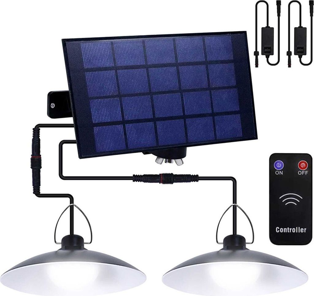 Außen Solarlampe Wasserdichte Garten Solar Pendelleuchte mit 2 Lampen und Fernbedienung, Weiß