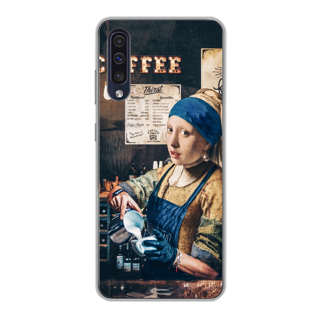 MuchoWow Handyhülle Schutzhülle Hülle für Samsung Galaxy A30s Mädchen mit Perlenohrring - Cappuccino - Barista - Vermeer - Kaffee - Gemälde...
