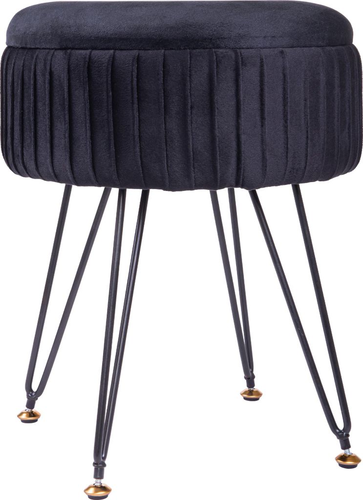 QUVIO Runder Sitzhocker - Metall-Haarnadelbeine - Dekorativer Hocker - Hocker - Schwarzer Fußhocker - Samt - Mit Ablagefläche - Für Wohn- und Sc...