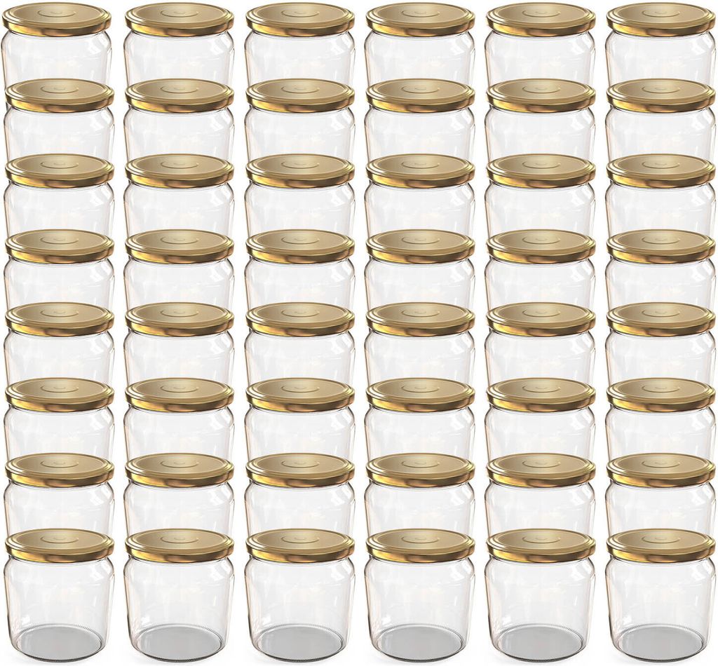A grid of empty glass jars with gold lids.