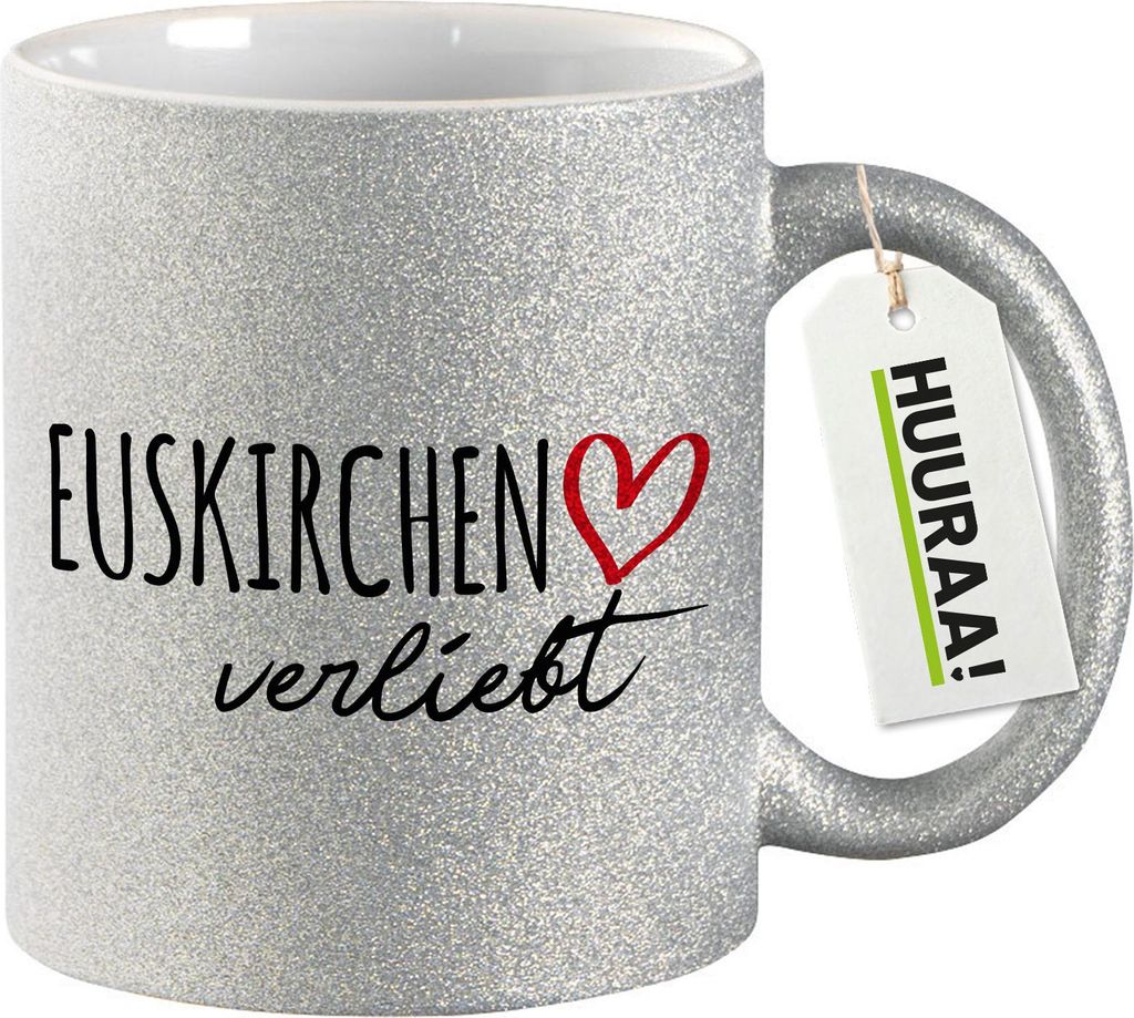 Huuraa Glitzertasse Euskirchen verliebt 330ml Silber Keramik Kaffeebecher Geschenkidee