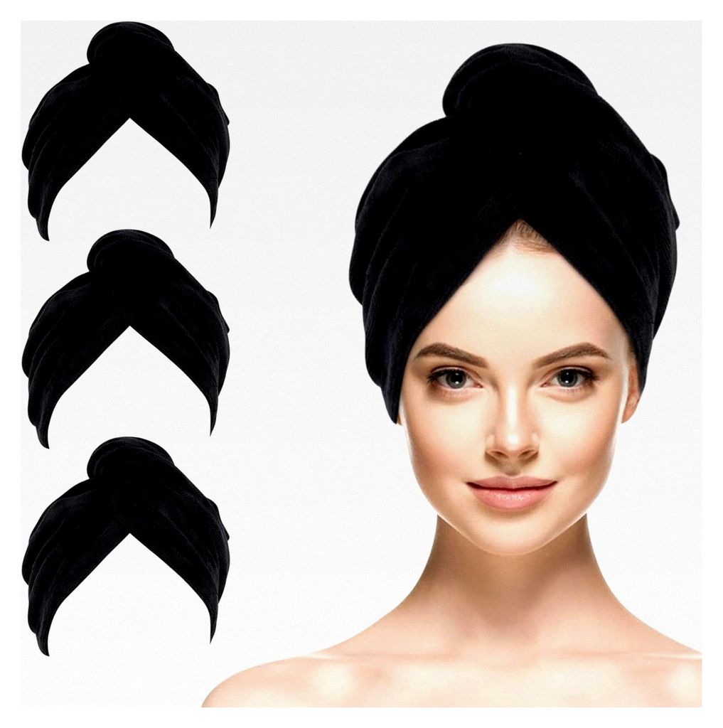 3 Stück Mikrofaser-Haartücher für Frauen, saugfähige und schnell trocknende Handtücher für langes Haar, schwarz, 25 x 65 cm