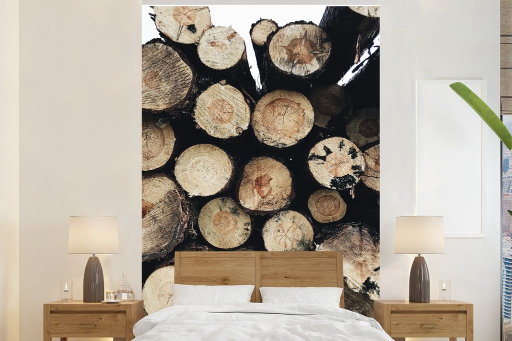 MuchoWow Fototapete für Wohnzimmer oder Schlafzimmer Wandtapete Vinyl Motivtapete Holz - Winter - Kamin - Kofferraum - 225x350 cm - Schlafzimmer...