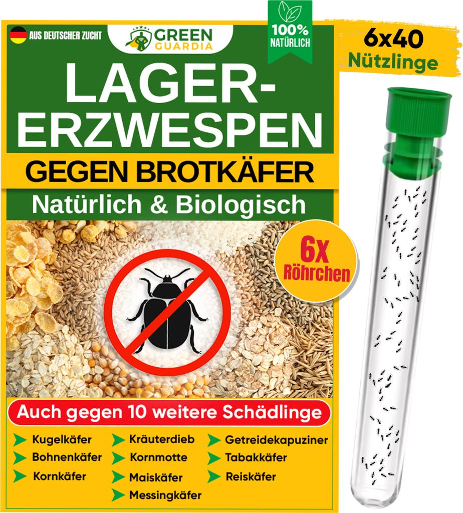 GREEN GUARDIA Lagererzwespen gegen Brotkäfer - 6 Röhrchen à 40 Nützlinge - effektiv Kornkäfer, Messingkäfer, Speckkäfer uvm. bekämpfen.