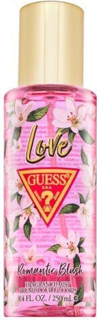 A bottle of Guess Love Romantic Blush fragrance mist for women.