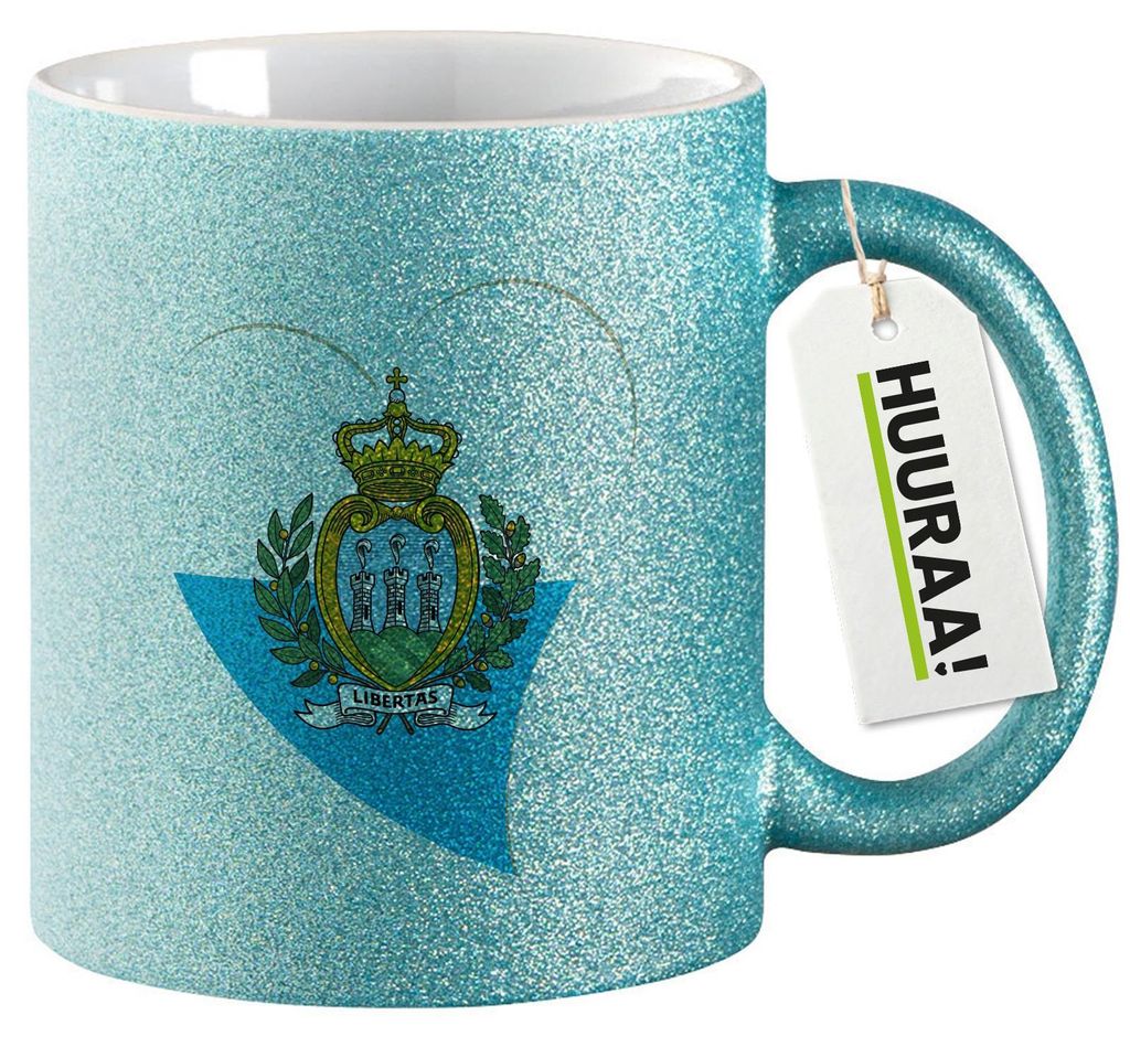 Huuraa Glitzertasse San Marino Flagge Herz 330ml Blau Keramik Kaffeebecher Geschenkidee