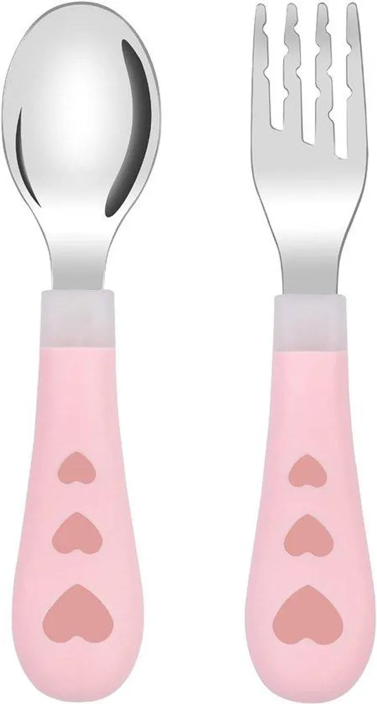 Couverts d'apprentissage pour bébés en inox rose - Manger comme un grand
