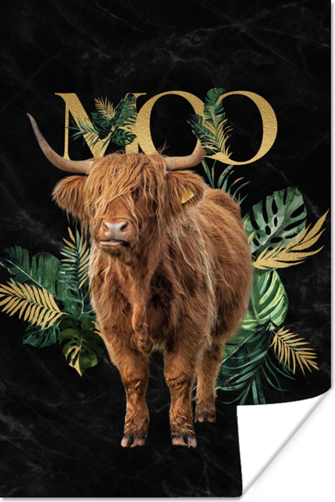 MuchoWow Poster Kuh - Schottischer Highlander - Pflanzen 60x90 cm - Wanddekoration