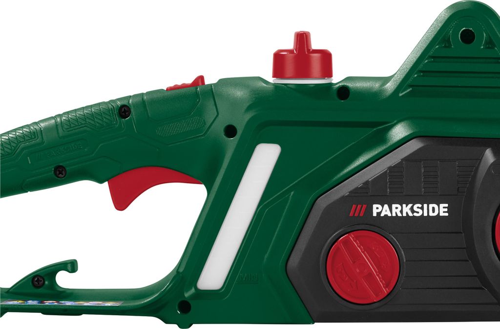 A close-up view of the handle and motor housing of an electric chainsaw.