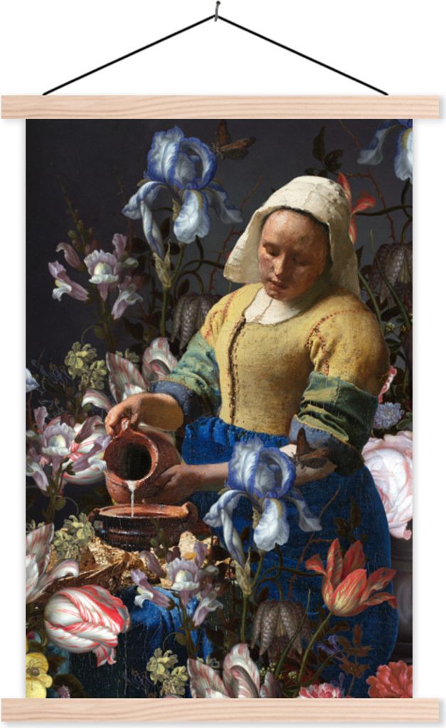 MuchoWow Textilposter Milchmädchen - Johannes Vermeer - Blumen 60x90 cm mit holzfarbenen Rahmen - Textil