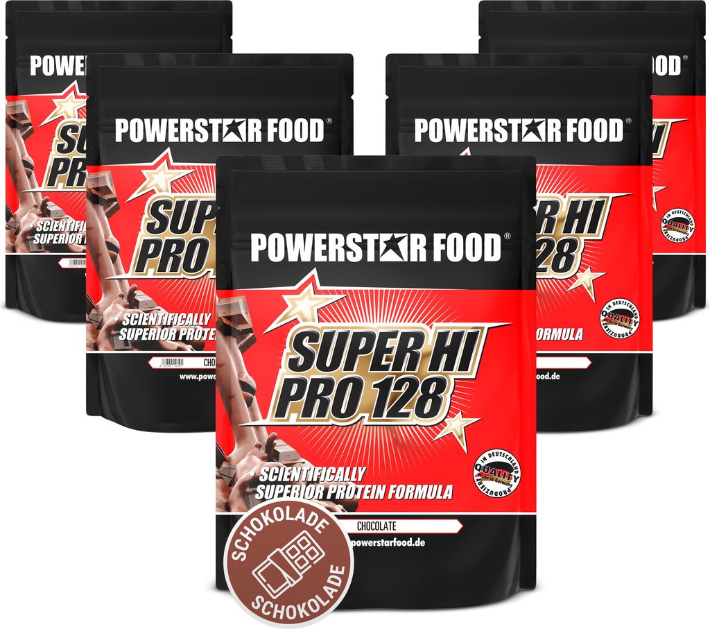 Powerstar SUPER HI PRO 128 | Mehrkomponenten Protein-Pulver 5x1kg | Höchste Biologische Wertigkeit | Protein-Shake zum Muskelaufbau | Chocolate