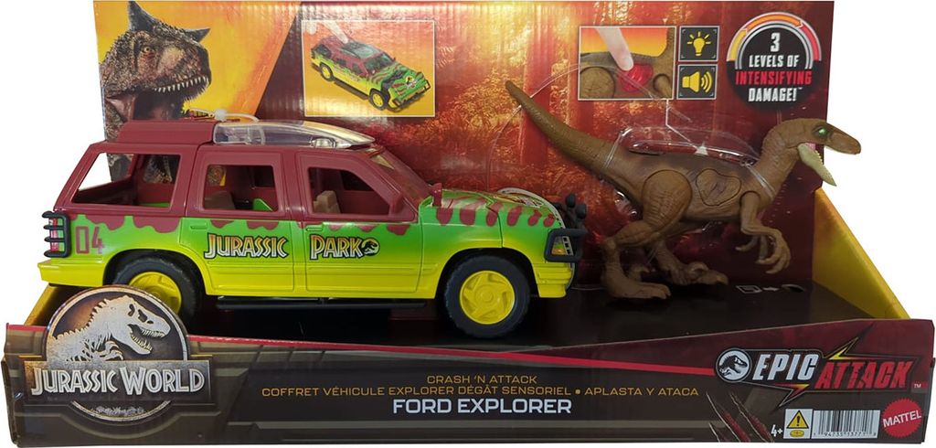 Mattel HND20 Jurassic World Epic Attack, Ford Explorer Actioncar mit einem Velociraptor, Licht und Soundeffekte