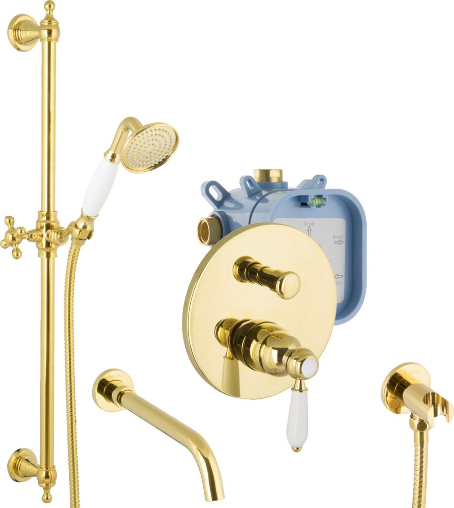 PaulGurkes Unterputz Set Gold Badewannen-Armatur mit Brausestange UP-Armatur