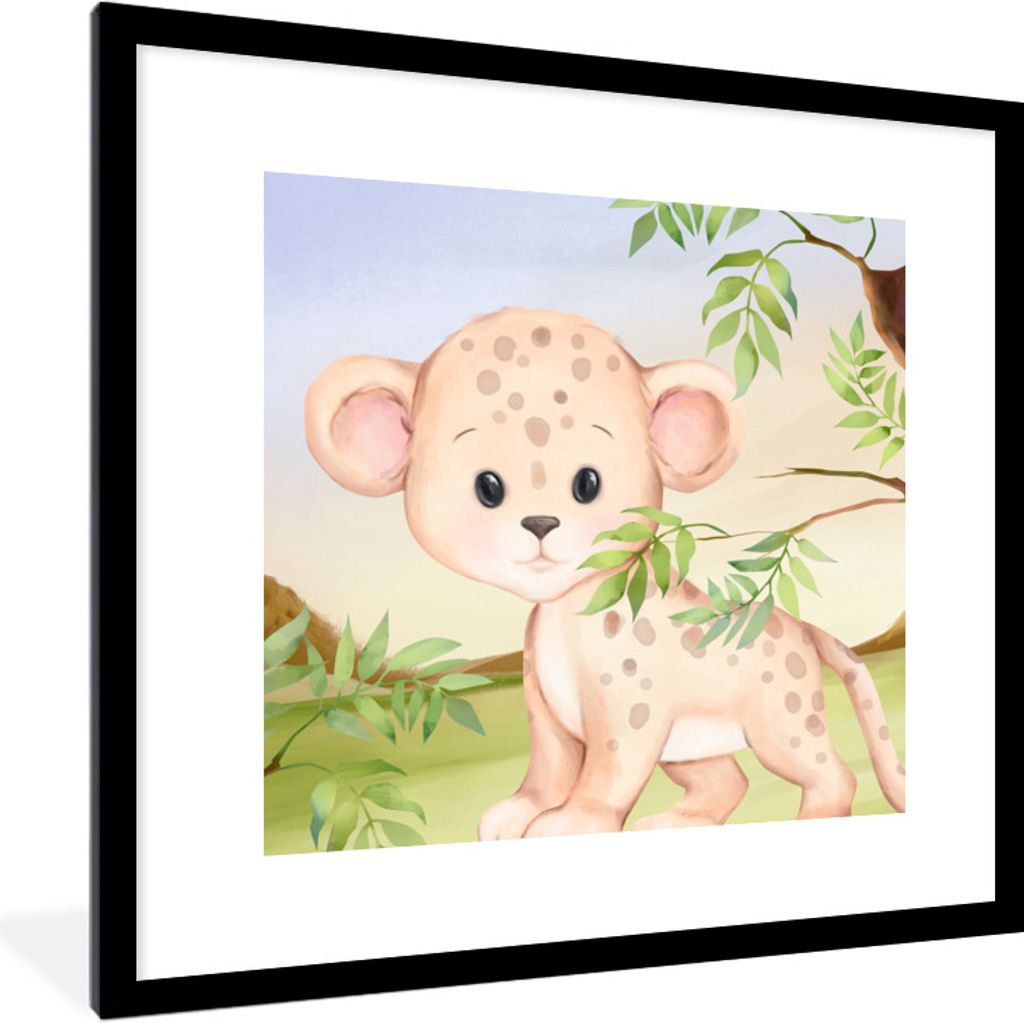 MuchoWow Gerahmtes Poster Leopard - Dschungel - Blätter 40x40 cm - Poster mit Schwarzem Bilderrahmen Wandposter Rahmen Foto Bilder - Poster - Pl...