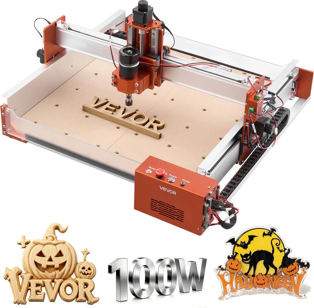 A collage of images featuring a CNC router, carved wooden items, and Halloween-themed graphics.