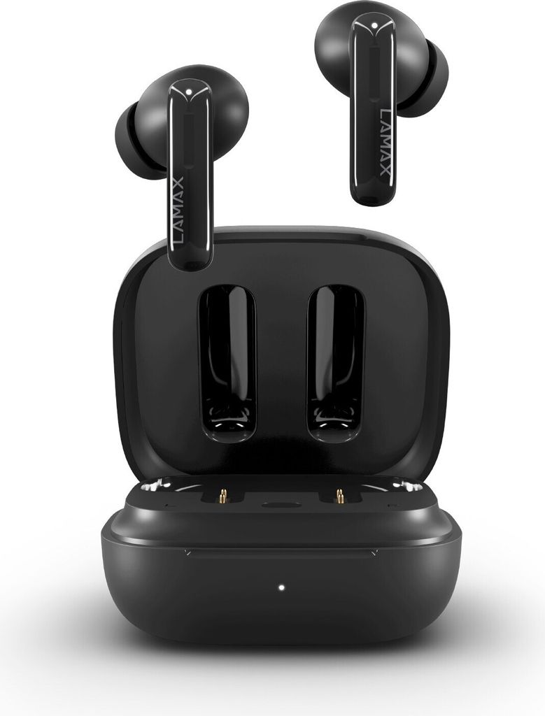 A pair of black wireless earbuds and their charging case are displayed against a white background.