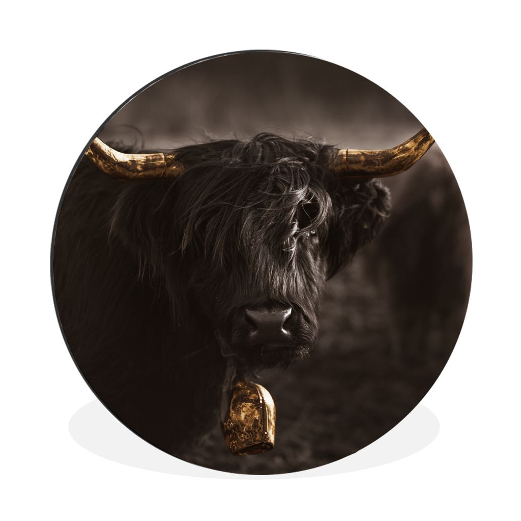 MuchoWow Aluminium Wandkreis Schottischer Highlander - Gold - Kuhglocke - Hörner - Tiere Ø 60 cm Wanddeko Modern Wohnzimmer - Wand Kreis - Wand...