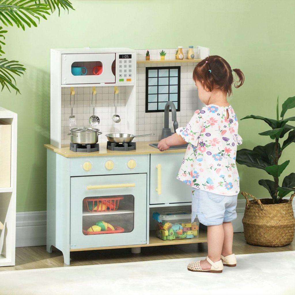 Spielküche Kinderküche mit Mikrowelle, Herd und Backofen, Kochutensilien Kinderküchen-Spielset Rollenspiel Blau