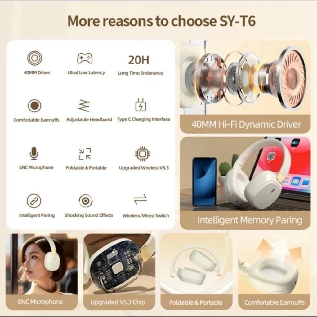 Casque Bluetooth pliable beige SY-T6 avec microphone intégré et stéréo - 5