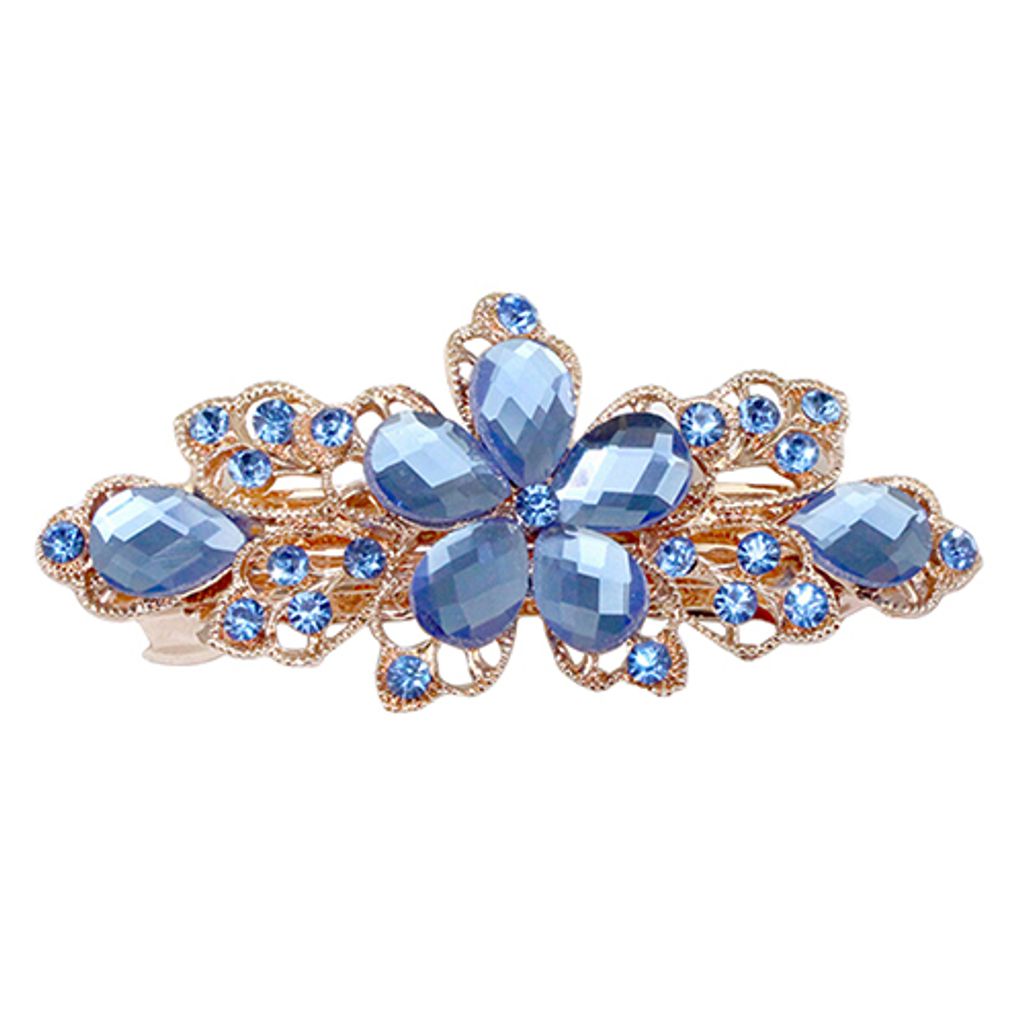Damen Mode Blume Blatt Kristall Strass Haarspange Clip Haarnadel Schmuck-Blume + Saphirblau